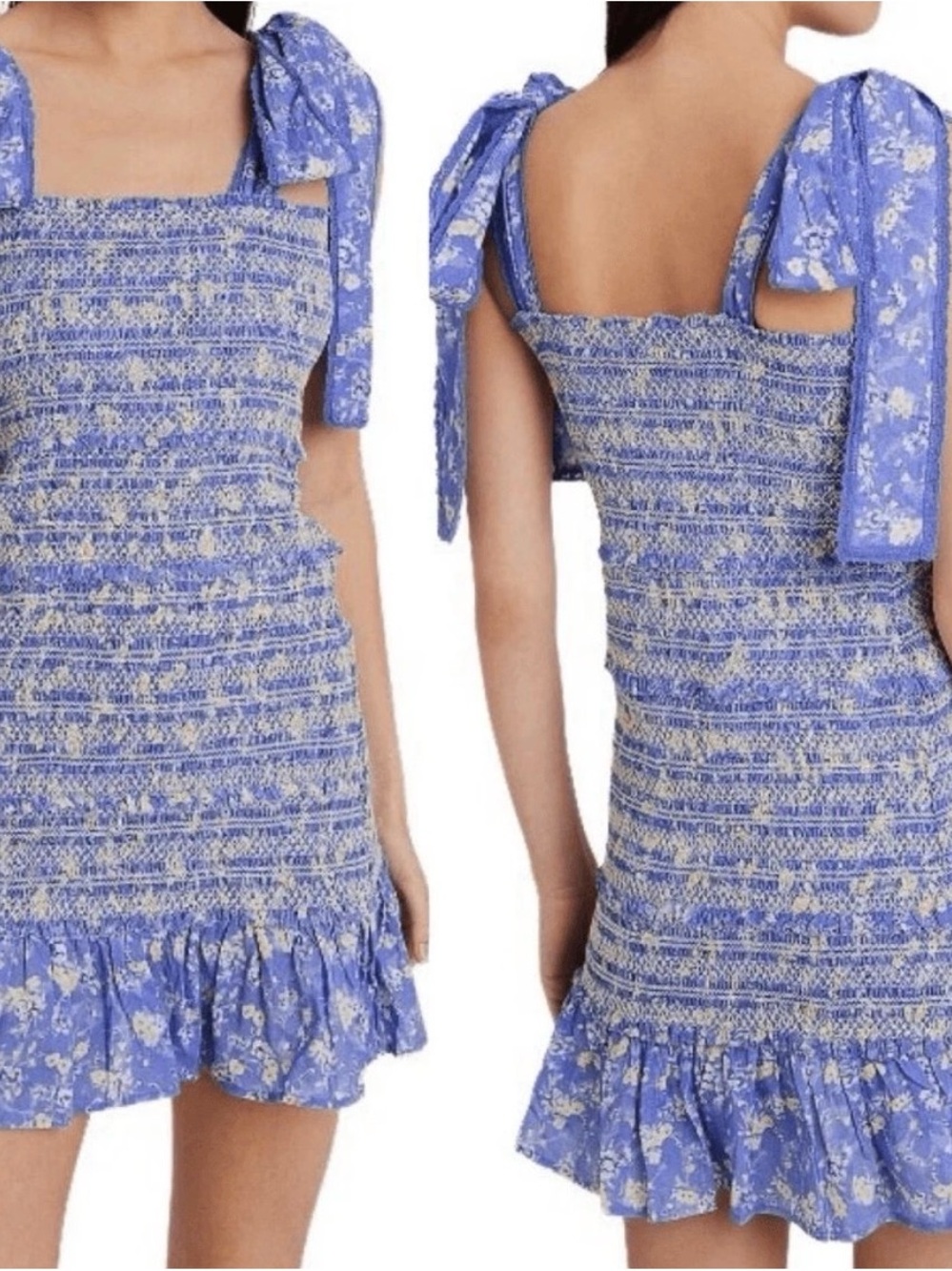 LoveShackFancy Belle Smocked Tie Straps Cotton Mini Dress Blue Jay Floral Small